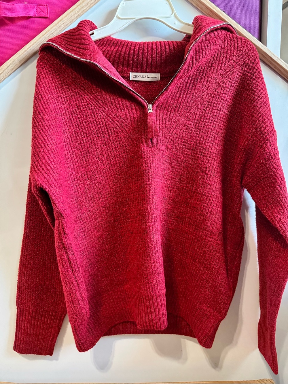 Zenana Outfitters Women's Bright Red Half-Zip Cowl Sweater